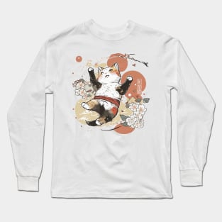 ninja kawaii cat sepia between flowers Long Sleeve T-Shirt